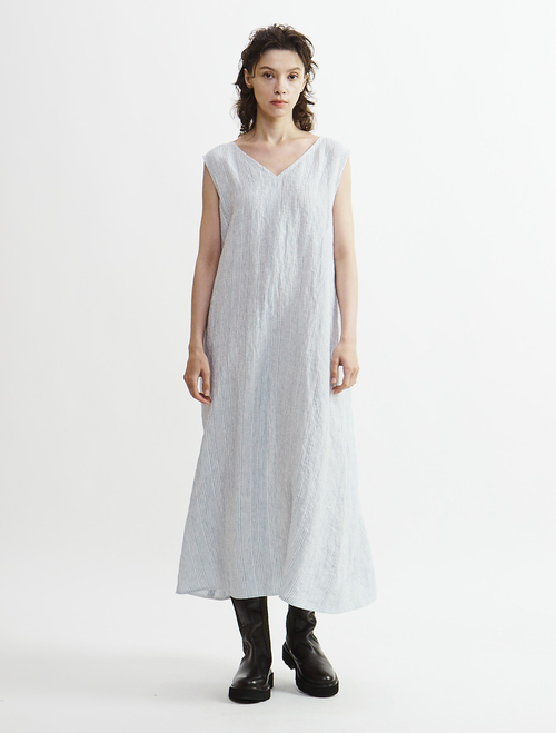 【Archive Dress Collection】リネンコットンストライプVネックワンピース