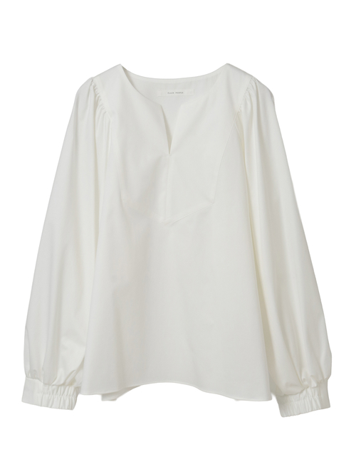 コットンラチネ・タイプライターストライプギャザーブラウス