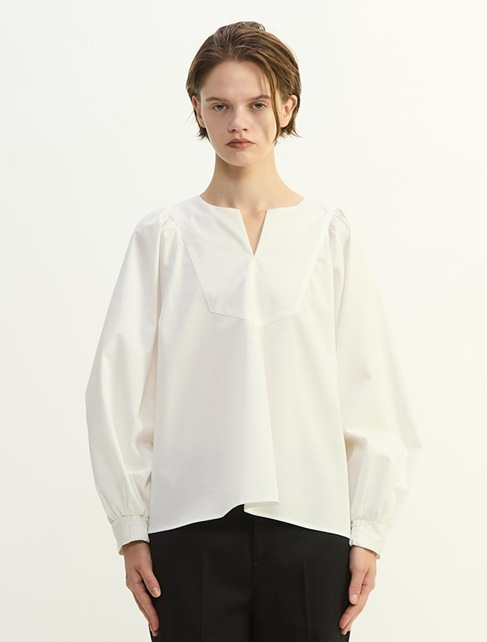 コットンラチネ・タイプライターストライプギャザーブラウス 詳細画像 ホワイト 2