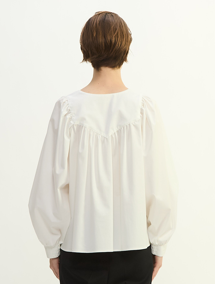 コットンラチネ・タイプライターストライプギャザーブラウス 詳細画像 ホワイト 4