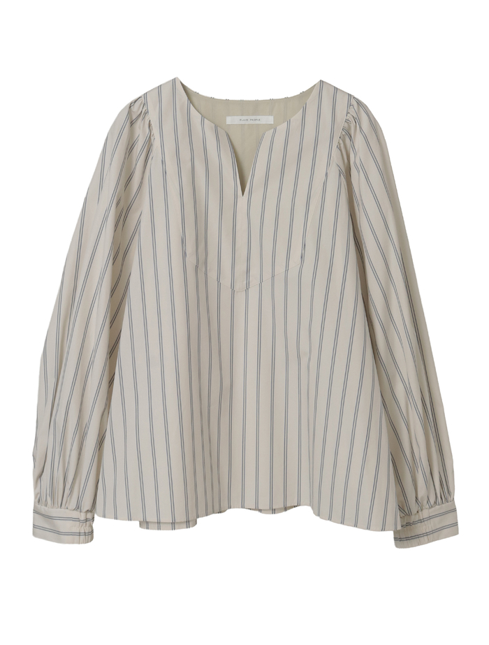 コットンラチネ・タイプライターストライプギャザーブラウス 詳細画像 ベージュ×ブラック 1