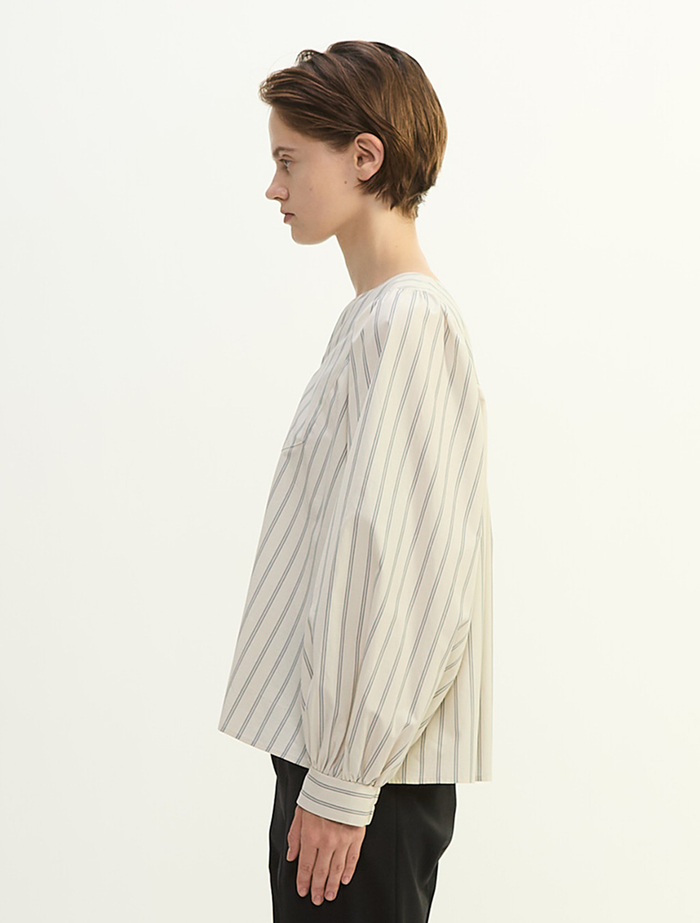 コットンラチネ・タイプライターストライプギャザーブラウス 詳細画像 ベージュ×ブラック 3