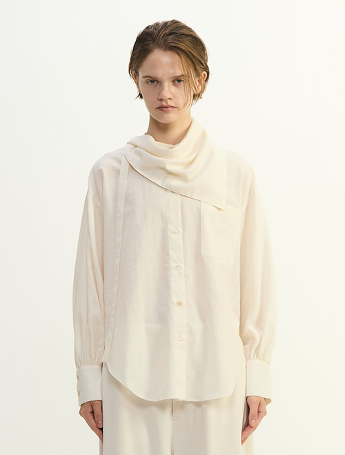 綿シルクビエラ/タイプライターチェックスカーフ付きノーカラーシャツ