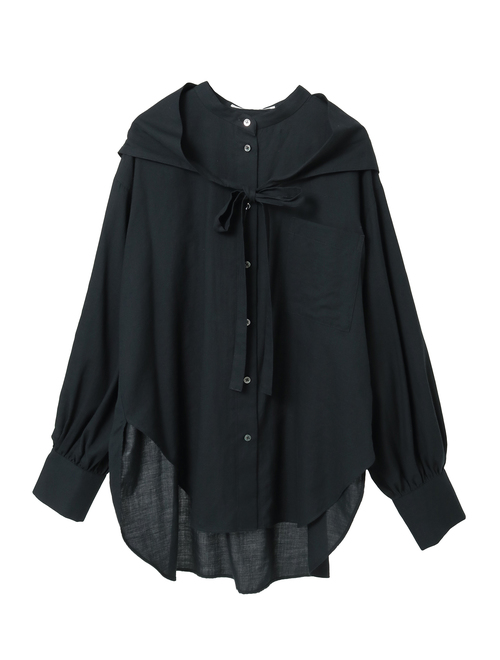 綿シルクビエラ/タイプライターチェックスカーフ付きノーカラーシャツ