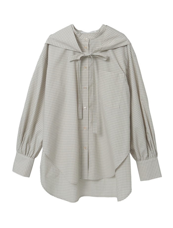 綿シルクビエラ/タイプライターチェックスカーフ付きノーカラーシャツ 詳細画像 アイボリー 1