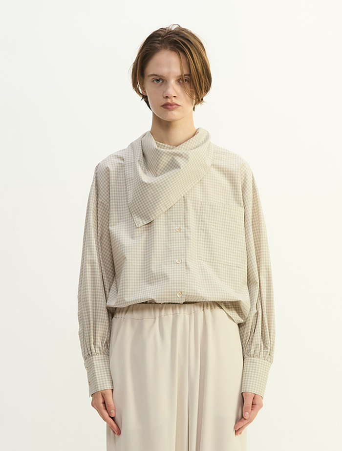 綿シルクビエラ/タイプライターチェックスカーフ付きノーカラーシャツ 詳細画像 アイボリー 2