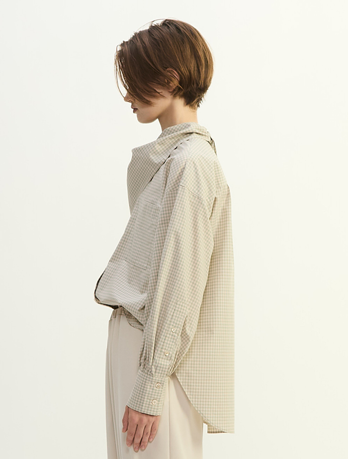 綿シルクビエラ/タイプライターチェックスカーフ付きノーカラーシャツ 詳細画像 アイボリー 3
