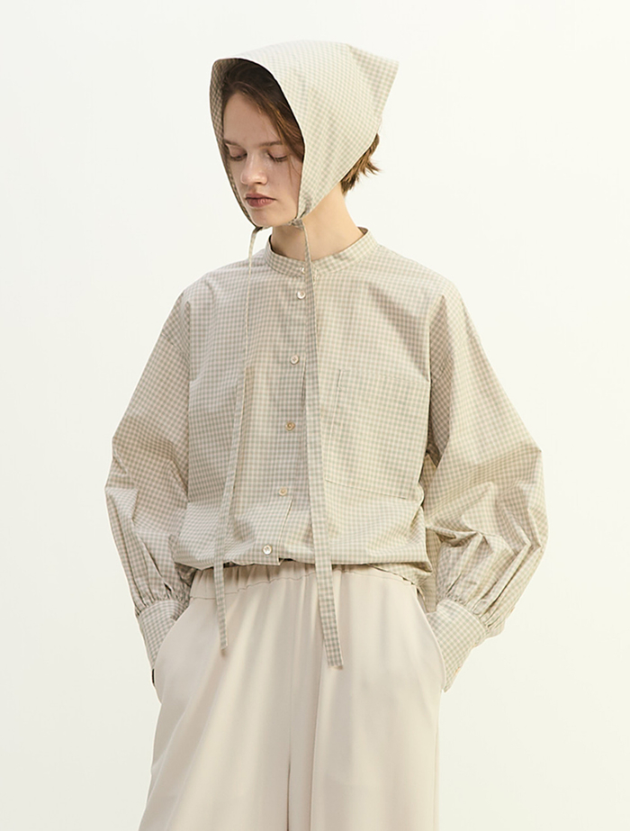 綿シルクビエラ/タイプライターチェックスカーフ付きノーカラーシャツ 詳細画像 アイボリー 5