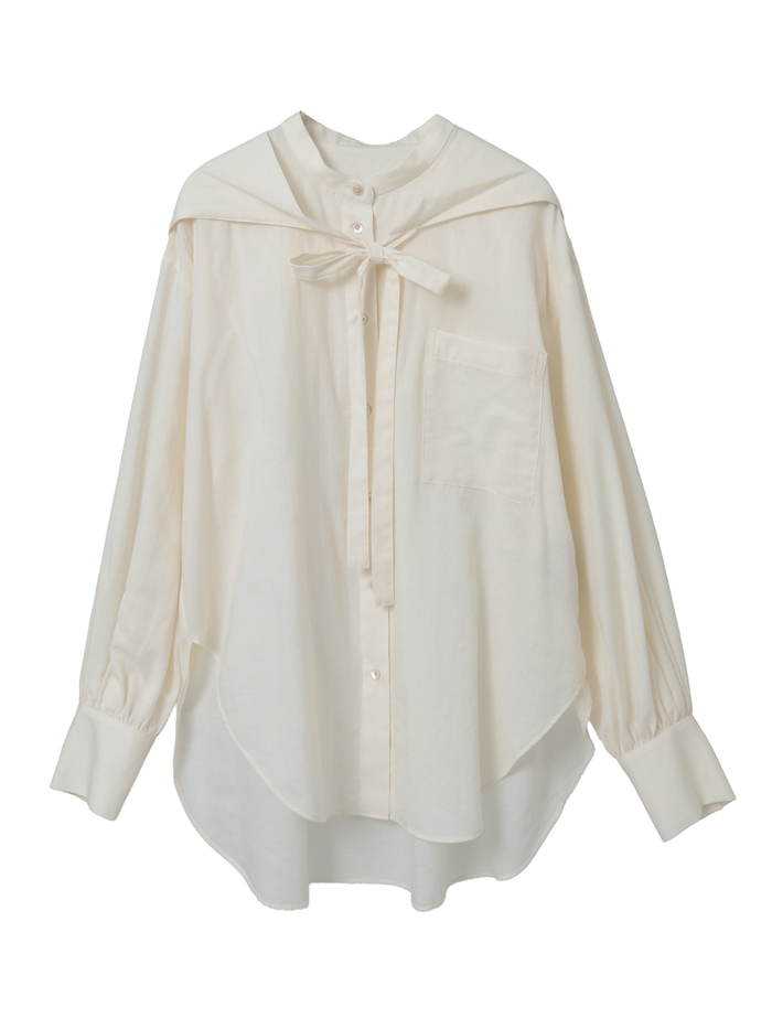 綿シルクビエラ/タイプライターチェックスカーフ付きノーカラーシャツ 詳細画像 キナリ 1