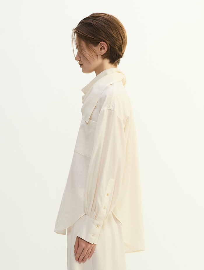 綿シルクビエラ/タイプライターチェックスカーフ付きノーカラーシャツ 詳細画像 キナリ 3