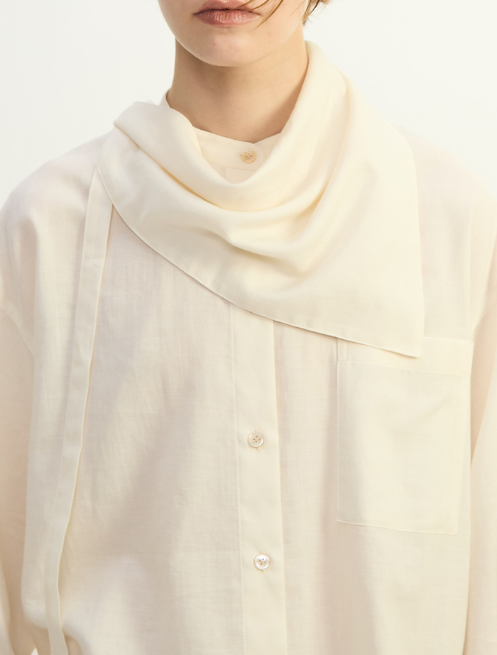 綿シルクビエラ/タイプライターチェックスカーフ付きノーカラーシャツ 詳細画像 キナリ 5