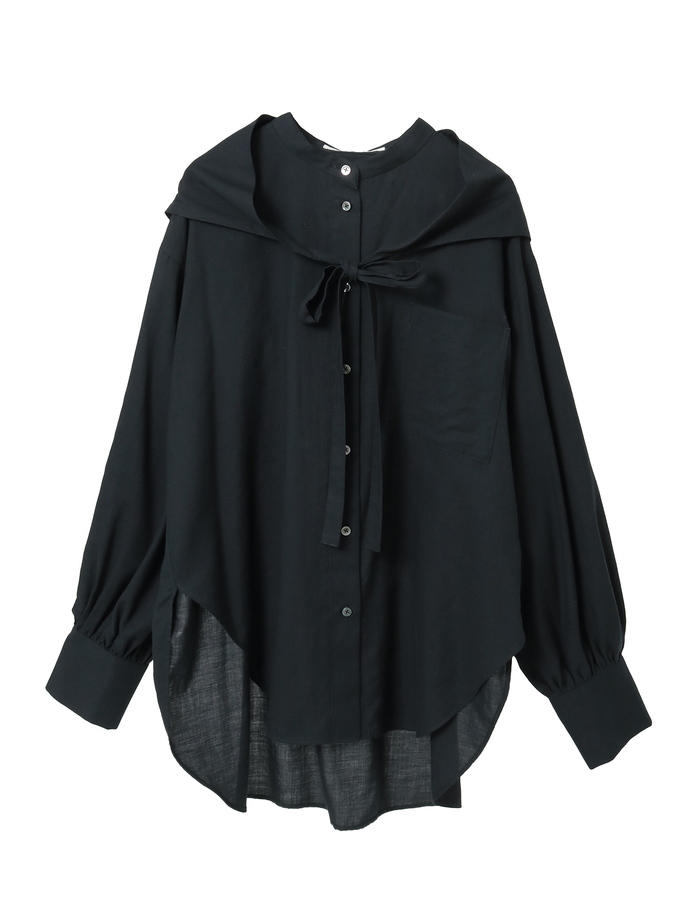 綿シルクビエラ/タイプライターチェックスカーフ付きノーカラーシャツ 詳細画像 ブラック 1