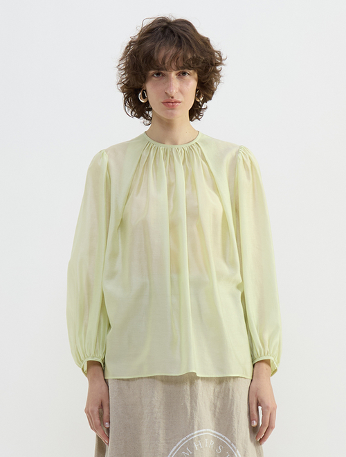 アセテートリヨセルローンシアーギャザーブラウス
