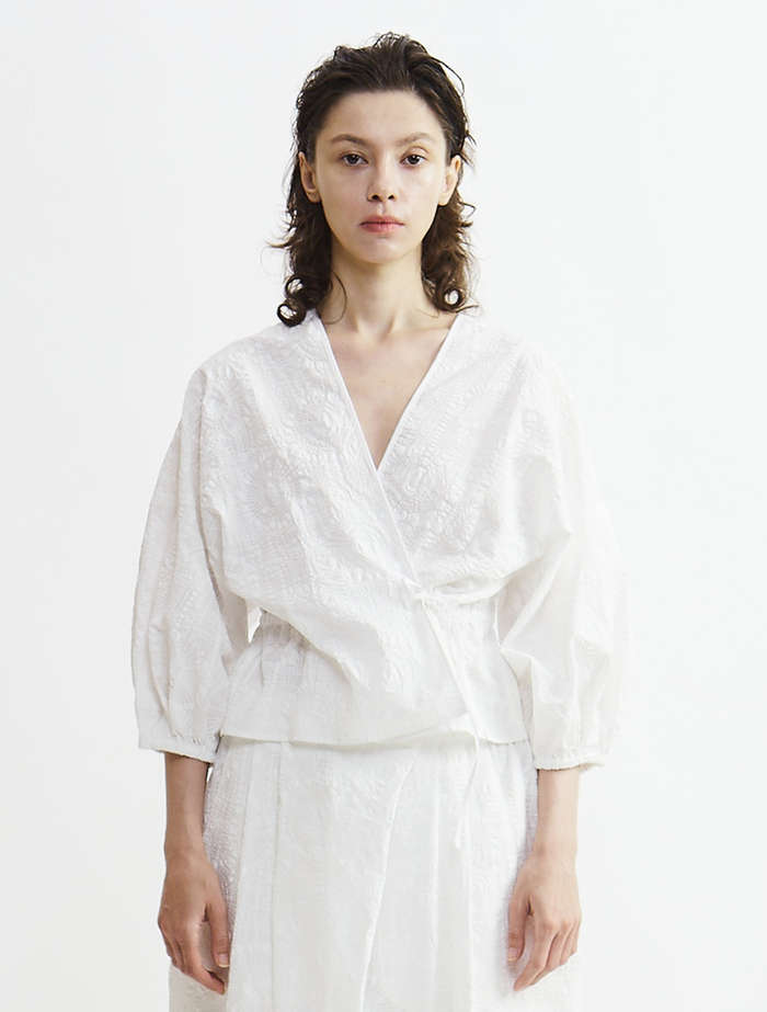 塩縮プリントカシュクールブラウス 詳細画像 ホワイト 2